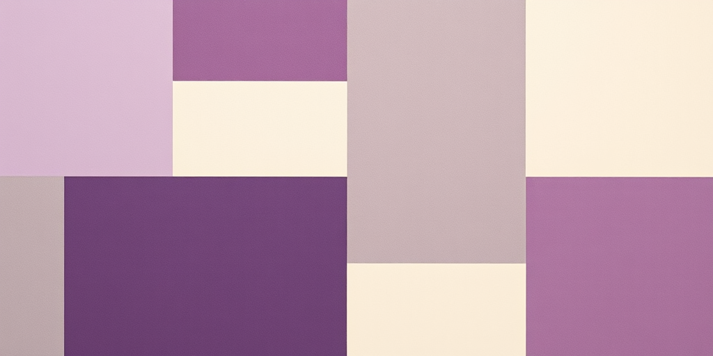 Create an abstract geometric pattern with overlapping squares and rectangles in muted shades of purple, grey, and cream, using a DSLR camera at f/8 aperture, ISO 100, 24mm focal length, with a top-down view and a flat lay style for enhanced detail and clarity.