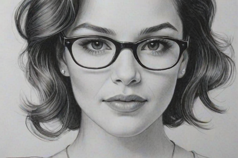 Charming Katherine McPhee, pencil sketch, portrait of Graceful woman 1954s in glasses, hair style beatnik, outline, clear lines, fine lines, 8k