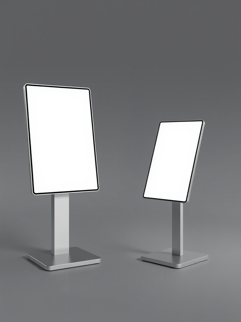 create a simple display stand with a blank screen, featuring a modern design and a sturdy base, suitable for showcasing information or advertisements