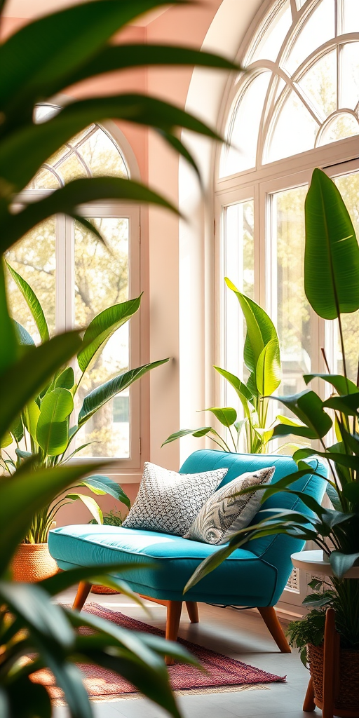 interior of a modern living room featuring a turquoise lounge chair with cushions, surrounded by lush green plants, natural light filtering through large arched windows, soft pastel walls in pink and teal, cozy atmosphere, captured with a DSLR camera, f/2.8 aperture, 50mm lens, ISO 100, soft focus effect, golden hour lighting
