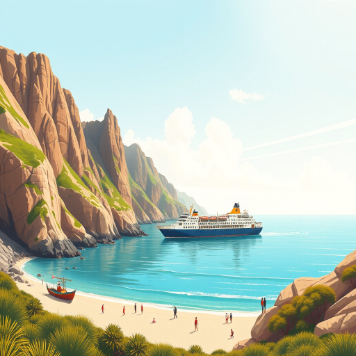 Create a vibrant vector-style illustration of a scenic coastal landscape featuring a large ferry boat near rocky cliffs and a small beach with people, using a soft color palette and sharp lines, shot with a DSLR camera at f/8 aperture, 35mm lens, in bright daylight to enhance details and colors.