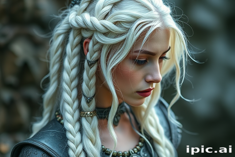 Silvery white waist-length braids adorned with metallic cuffs, dubbed "Moonlight Warrior," showcasing an ethereal, elven-inspired look with wispy tendrils