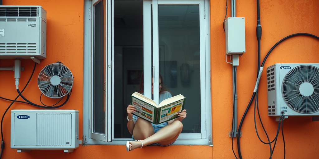 Create an image of a young woman sitting in a window reading a book, surrounded by air conditioning units and wires on an orange wall, soft natural lighting, Canon EOS 5D Mark IV, f/2.8, 50mm lens, portrait view, vibrant color grading, high resolution.