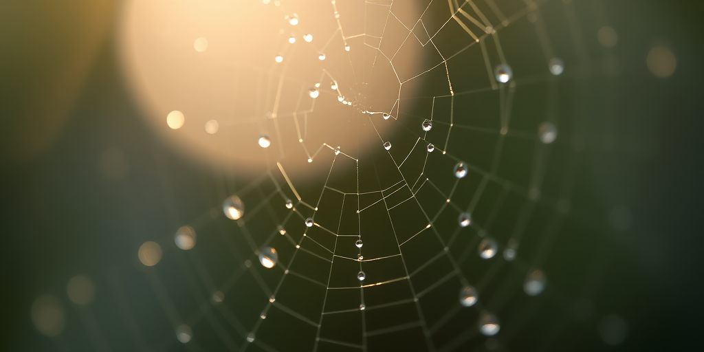 macro shot of a spider web with water droplets reflecting light, shallow depth of field, f/2.8 aperture, ISO 100, 1/200 sec, natural light, 50mm lens, DSLR camera, soft focus background