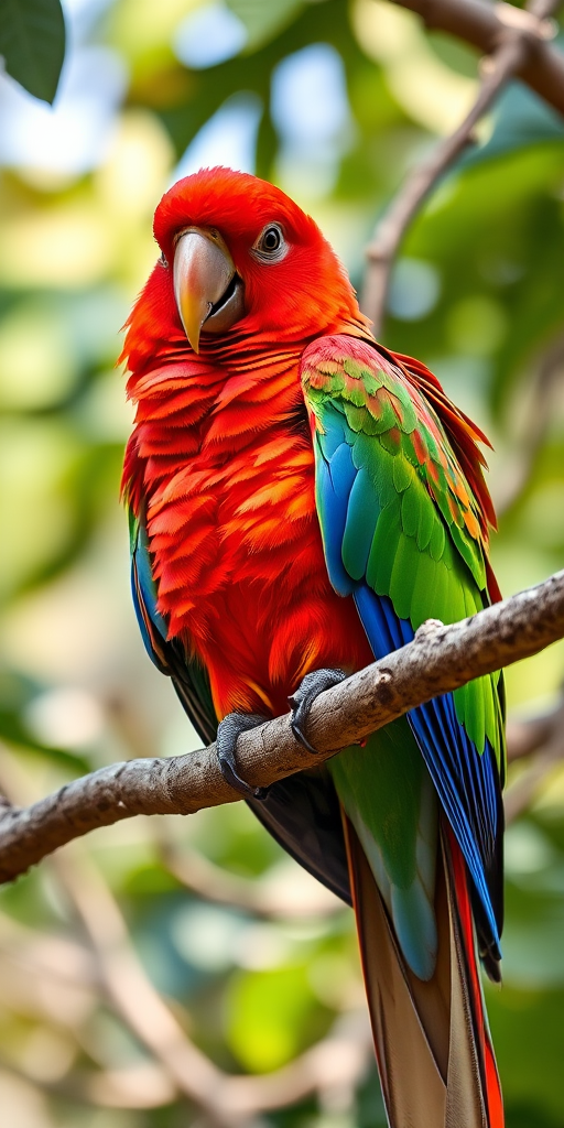 Capture a vibrant red and green parrot perched on a tree branch, focusing on its detailed feathers and natural surroundings, using a DSLR camera with a 85mm lens, aperture f/2.8 for shallow depth of field, ISO 200, natural lighting, and a slightly elevated angle for dynamic composition.