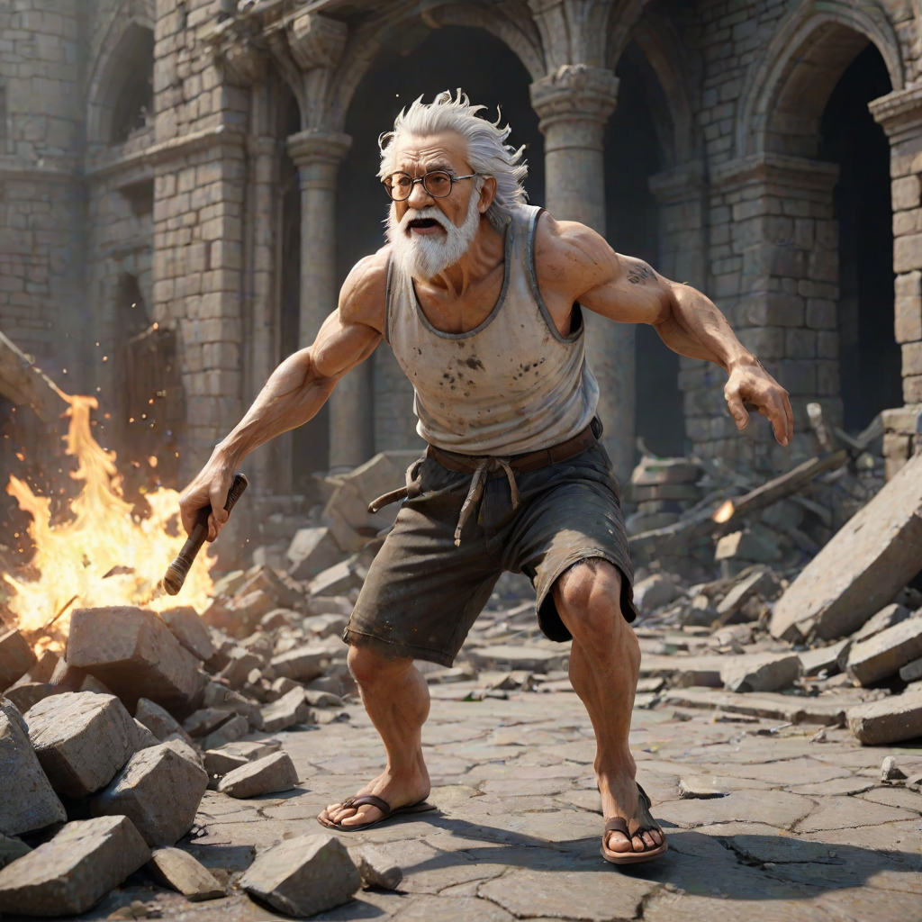 Cartoon 3D High-Resolution,dynamic battle scene using Unreal Engine 5 and Octane Render. The scene features back of an elderly, thai man with a beard,messy hair and round golden-rimmed glasses. He is wearing a tattered tank top with soot marks, shorts, and sandals. sweating. he wields a baseball bat. He jump to fight with a white fire-breathing Europe dragon amidst a partially destroyed stone castle. Include intense flames, smoke, and debris to enhance the dramatic effect.