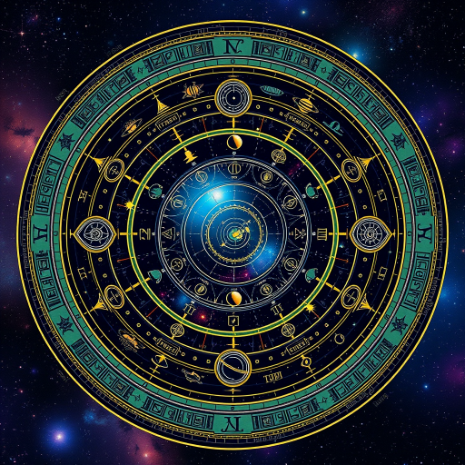 Create a high-resolution image of a cosmic map featuring a circular design with intricate astrological symbols, planets, and galaxies, shot with a Canon EOS R5 at f/8, ISO 100, 24mm lens, in a wide-angle view to enhance depth and detail, using a smooth, ethereal style to highlight the vibrant colors and celestial elements.