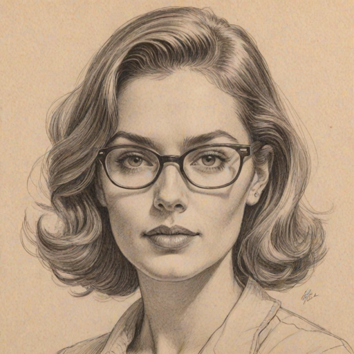 Lovely Monique Gabriela Curnen, pencil sketch, portrait of Radiant woman 1951s in glasses, hair style beatnik, outline, clear lines, fine lines, 8k
