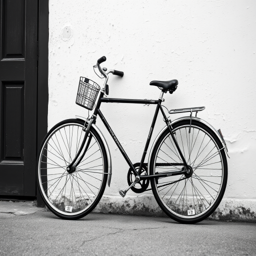 A vintage bicycle leaning against a textured white wall, in black and white, taken from a low angle with a 50mm lens, f/2.8 aperture, ISO 200, using a full-frame DSLR camera to enhance the image quality.