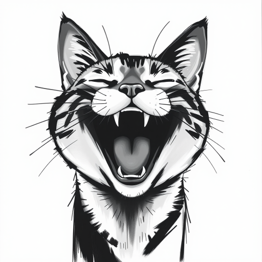 Abstract black and white acrylic portrait of an over exaggerated laughing (cat). Minimalism style. White background.