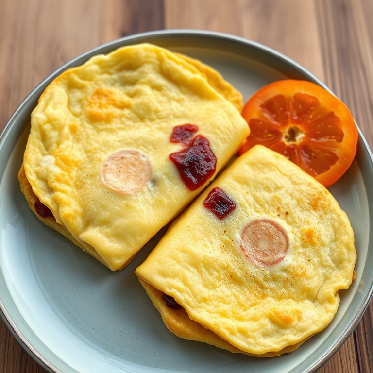 regenerate a high-quality image of two omelettes on a plate, with vibrant colors and details, using a DSLR camera with a 50mm lens at f/2.8, natural light, top-down view, and a shallow depth of field for enhanced focus on the omelettes