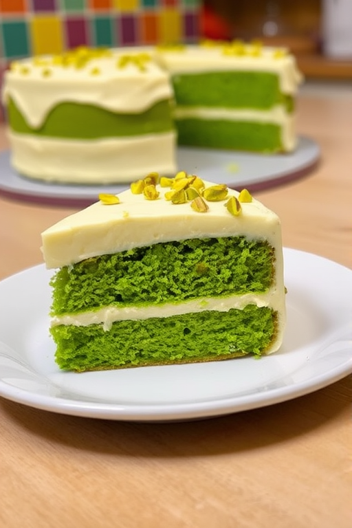A slice of green cake with a creamy frosting, garnished with crushed pistachios on a white plate, with a blurred background of a whole cake and a colorful kitchen setting.