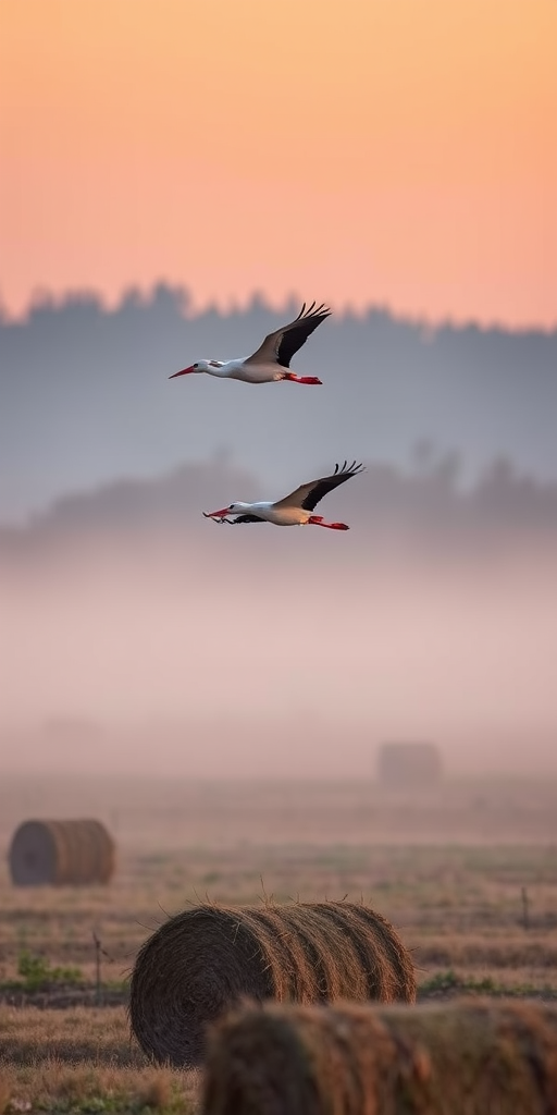 capture a stork in flight over a misty field with hay bales at dusk, using a Nikon D850, 50mm lens, f/2.8 aperture, ISO 400, 1/200s shutter speed, shot from a low angle for increased depth and clarity, in a landscape photography style to enhance the serene atmosphere