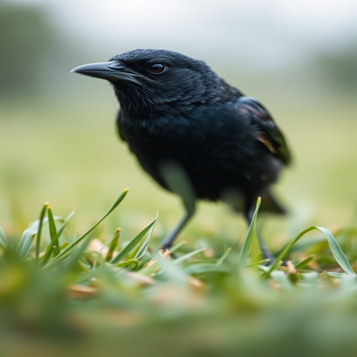 A detailed close-up of a blackbird standing on green grass, with a shallow depth of field, f/2.8 aperture, ISO 200, 1/1000 seconds, shot with a DSLR camera using a 70-200mm lens from a low angle to emphasize the bird's features and textures.