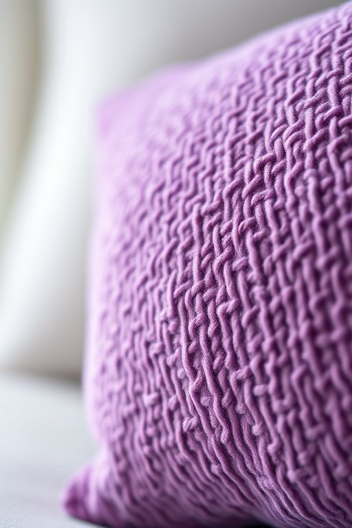 Create a high-resolution image of a textured purple pillow with soft lighting, shallow depth of field, captured with a DSLR camera at f/2.8, 50mm lens, ISO 100, and a slight angle view for a dynamic perspective.
