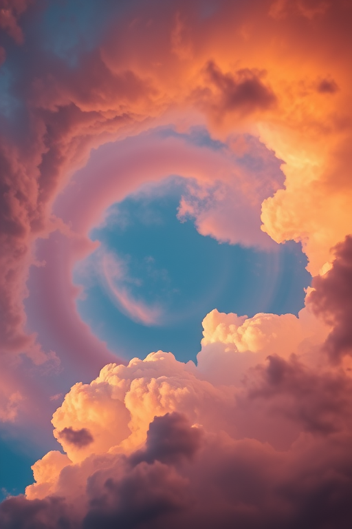 Create a swirling cloud formation in vibrant colors of orange, blue, and purple with dynamic lighting, using a Canon EOS R5 with a 24mm f/1.4 lens at ISO 100, shutter speed 1/125s, aperture f/8, in a dramatic low-angle view to enhance depth and detail.