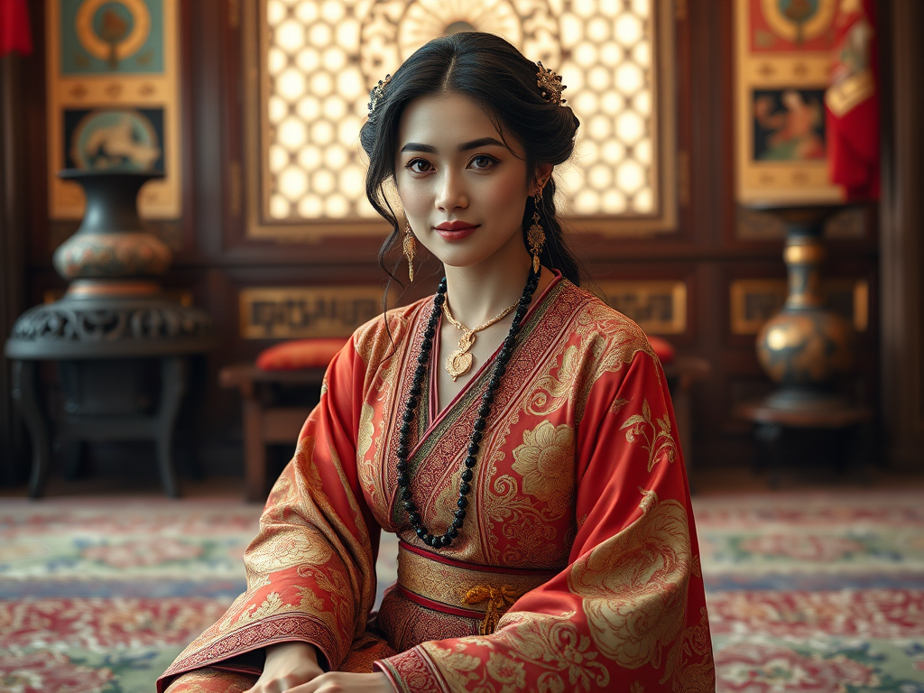 A beautiful Sephardic woman in traditional East Asian attire, intricately detailed with embroidered patterns, sitting gracefully in a richly decorated room, soft ambient lighting, serene and elegant, ultra-realistic, 8K resolution