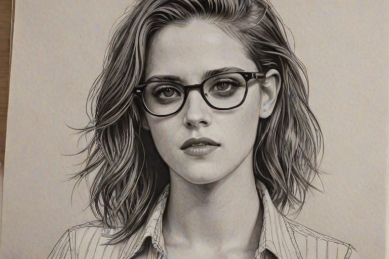 Graceful Kristen Stewart, pencil sketch, portrait of Stunning woman 1973s in glasses, hair style beatnik, outline, clear lines, fine lines, 8k