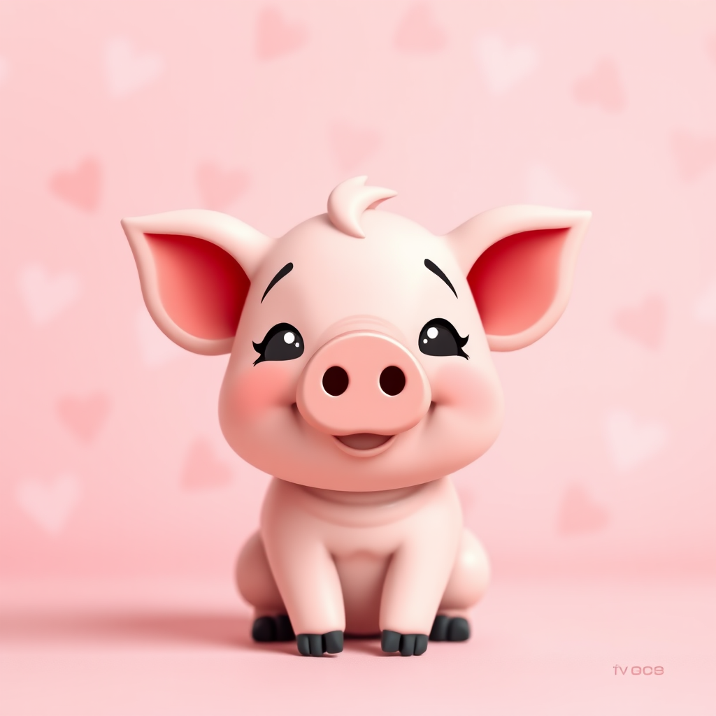 Create a cute cartoon pig character set against a soft pink background filled with subtle heart shapes, using a 50mm lens, f/1.8 aperture, ISO 100, and a shallow depth of field to enhance the focus on the pig while softly blurring the background.