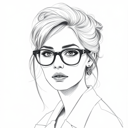 Beautiful Rooney Mara, pencil sketch, portrait of beautiful woman 60s in glasses, hair style beatnik, outline, clear lines, fine lines, 8k