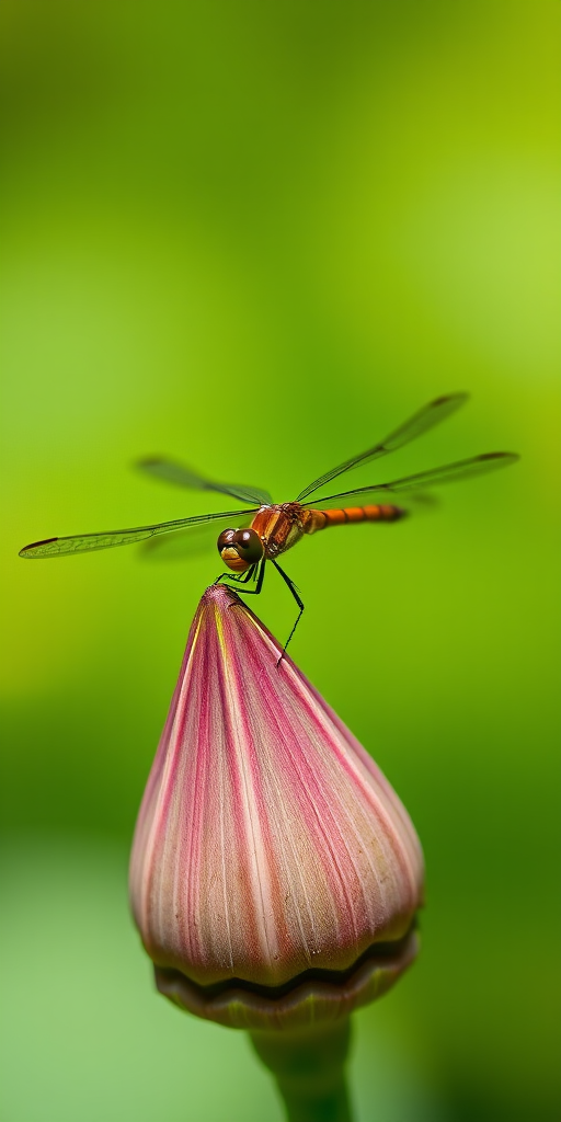 close-up shot of a dragonfly perched on a lotus seed pod with a blurred green background, aperture f/2.8, shutter speed 1/250s, ISO 100, macro lens, shallow depth of field, natural lighting