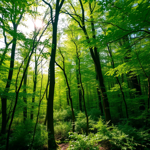 Generate a high-resolution image of a lush forest with vibrant green foliage and soft sunlight filtering through the trees, using a DSLR camera, 50mm lens, aperture f/2.8, ISO 200, with a shallow depth of field and a slightly elevated perspective.