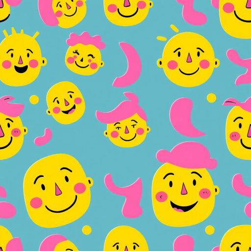 Create a seamless vector pattern featuring abstract cartoon faces in yellow, pink, and purple colors, with various expressions, shot with a Canon EOS R5, 50mm lens, aperture f/8, ISO 100, soft diffused lighting.