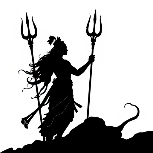 Create a highly detailed black and white silhouette illustration of a majestic figure holding a trident, standing in profile with flowing hair and traditional attire, set against a minimalistic background, using a DSLR camera with a 50mm lens, f/1.8 aperture, ISO 100, shot in natural light, with a low angle view to emphasize height and stature.