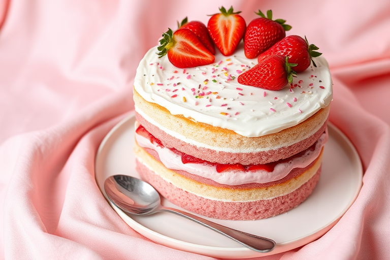 A colorful layered cake with a pink filling and white frosting topped with fresh strawberries and sprinkles on a round plate with a silver serving utensil next to it, set against a soft pink cloth backdrop.