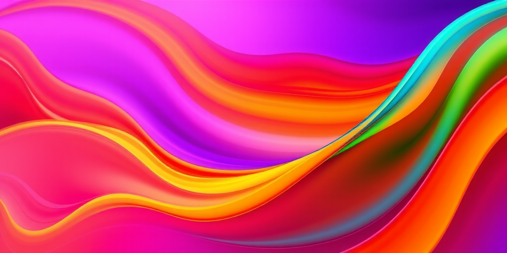Create a vibrant abstract image featuring flowing waves of colors blending seamlessly from purple to red, orange, yellow, green, and blue, shot with a Canon EOS 5D Mark IV at f/8, ISO 100, with a 24mm wide-angle lens, using a soft focus style to enhance the smoothness of the colors.
