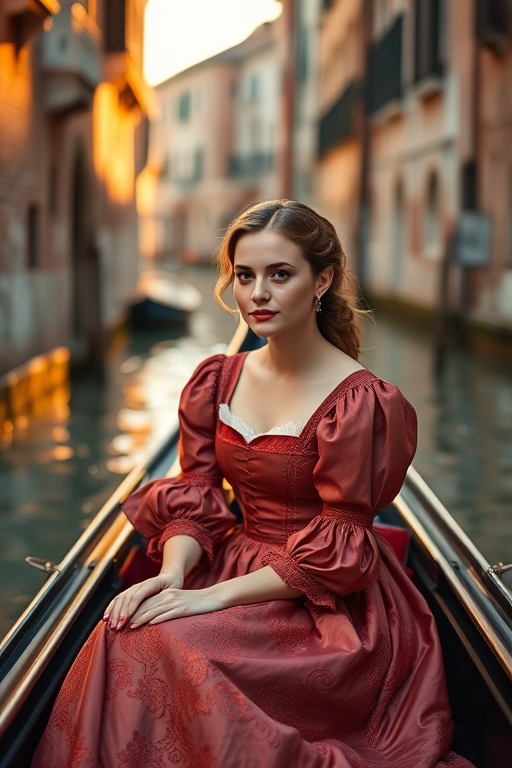 portrait of a woman in an elegant historical dress sitting in a gondola on a serene canal, soft golden hour lighting, depth of field focused on the subject, Canon EOS R5, 50mm f/1.2, ISO 100, shutter speed 1/125s, matte finish with rich color tones