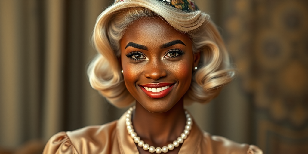 A beautiful Zulu woman reminiscent of 1950s Hollywood glamour, with perfectly styled blonde hair and a seductive smile, dressed in a satin blouse and adorned with pearls, soft and warm tones, photorealistic, 8K