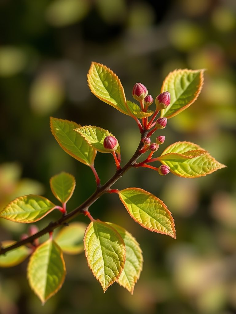 Create a high-resolution illustration of a delicate branch with leaves and buds, shot with a 50mm lens at f/2.8, ISO 100, natural light, from a top-down view, using a DSLR camera for sharp detail and vibrant colors.