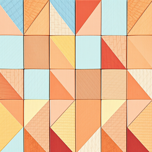 Create a high-resolution digital image featuring a tiled pattern with sixteen colored triangles arranged in four rows and four columns, using a pastel color palette that includes shades of blue, brown, peach, yellow, teal, burgundy, orange, and coral, captured with a DSLR camera at f/8 aperture, 50mm lens, ISO 100, and natural lighting for enhanced clarity and detail.