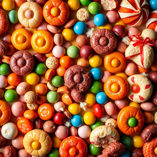 Create a vibrant flat lay of assorted colorful candies and desserts with detailed textures, full frame, high dynamic range, using a Canon EOS R5, 50mm f/1.2 lens, ISO 200, aperture f/8, and a shutter speed of 1/125s, studio lighting for enhanced colors and shadows.
