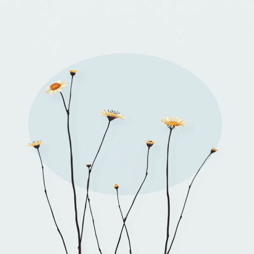 create a minimalistic illustration of delicate wildflowers with thin black stems and circular light blue backgrounds, using a digital art style, with a high-resolution setting of 300 DPI, shot from a top-down perspective, simulating a soft pastel texture akin to watercolor paper.