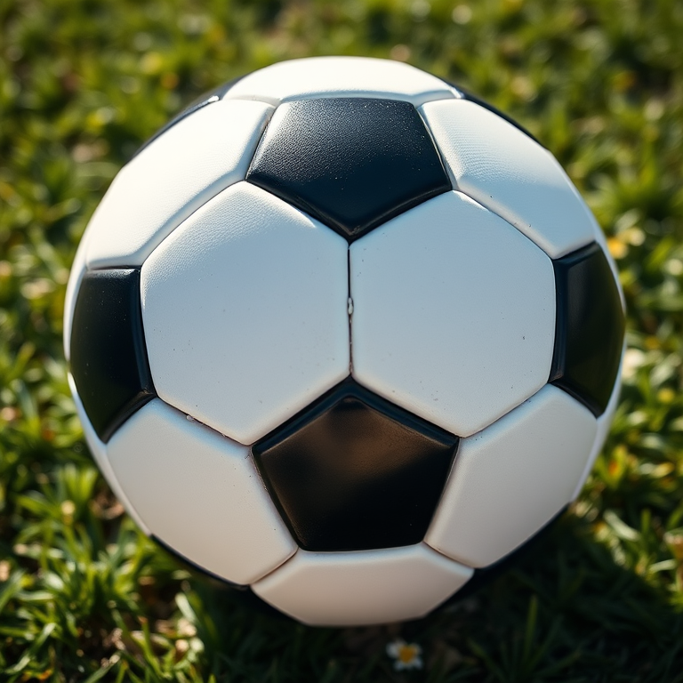 Create a high-resolution image of a classic black and white soccer ball, capture from a frontal view in bright daylight, using a DSLR camera with an aperture of f/4, ISO 100, and a shutter speed of 1/200s to enhance clarity and sharpness.