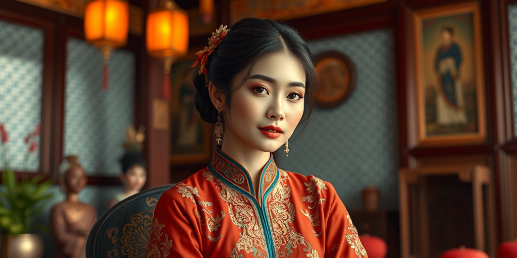 A beautiful Vietnamese woman in traditional East Asian attire, intricately detailed with embroidered patterns, sitting gracefully in a richly decorated room, soft ambient lighting, serene and elegant, ultra-realistic, 8K resolution