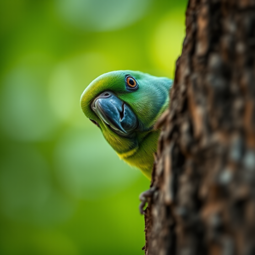 close-up of a green parrot peeking from a textured tree trunk, shallow depth of field, 50mm f/1.8 lens, ISO 200, aperture f/2.8, soft natural light, DSLR camera