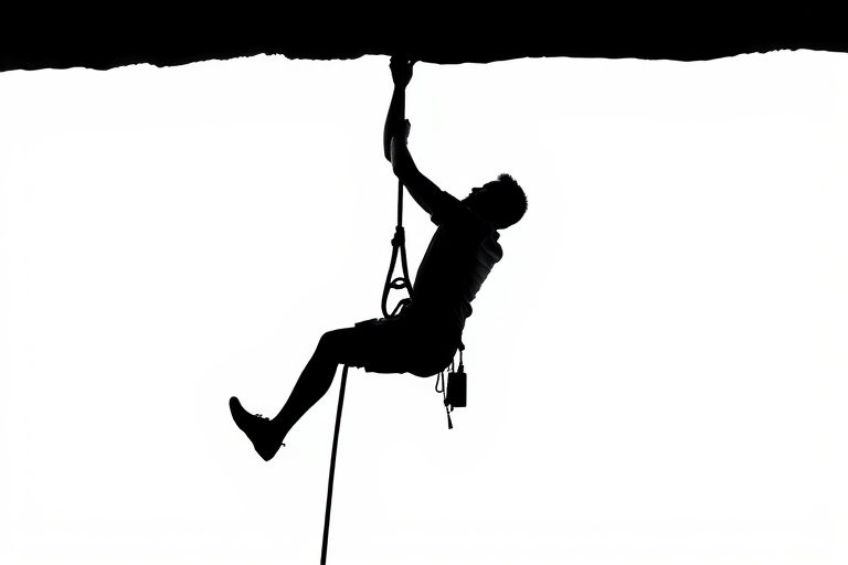 Create a minimalist silhouette of a person climbing with a rope, using a clean white background, high resolution, shot with a Canon EOS 5D Mark IV, 50mm lens at f/1.8, ISO 100, in a bright and well-lit environment.