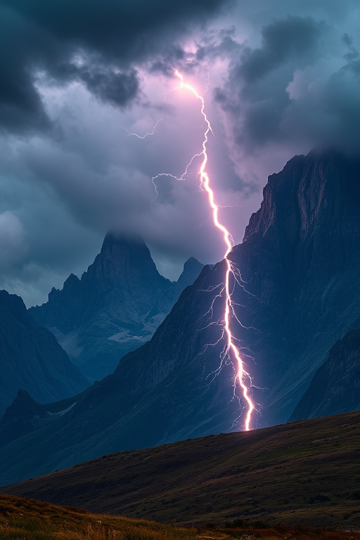 Create a dramatic landscape scene featuring towering mountains under a stormy sky with a lightning strike illuminating the foreground, captured with a Canon EOS R5 camera, 24mm lens, aperture f/8, shutter speed 1/125s, ISO 100, in a vibrant HDR style with cinematic lighting.