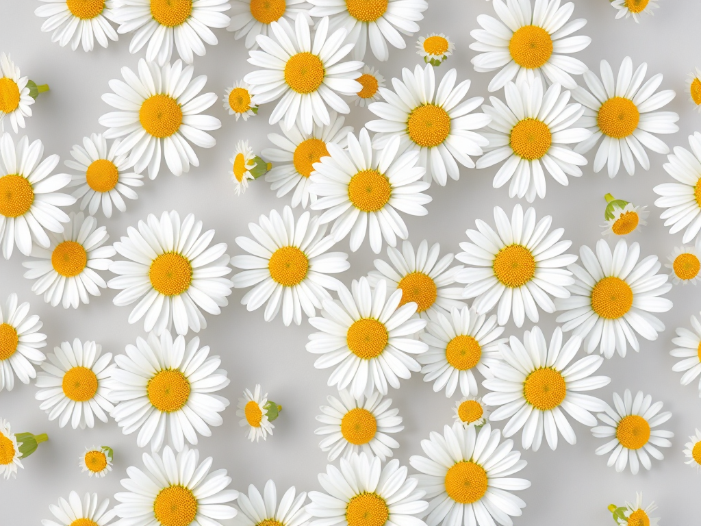 create a seamless pattern of white daisies with yellow centers on a soft grey background, capture with a DSLR camera at f/8 for depth of field, use a 50mm lens for sharp focus, and shoot in natural light for enhanced color vibrancy, composition centered for clarity