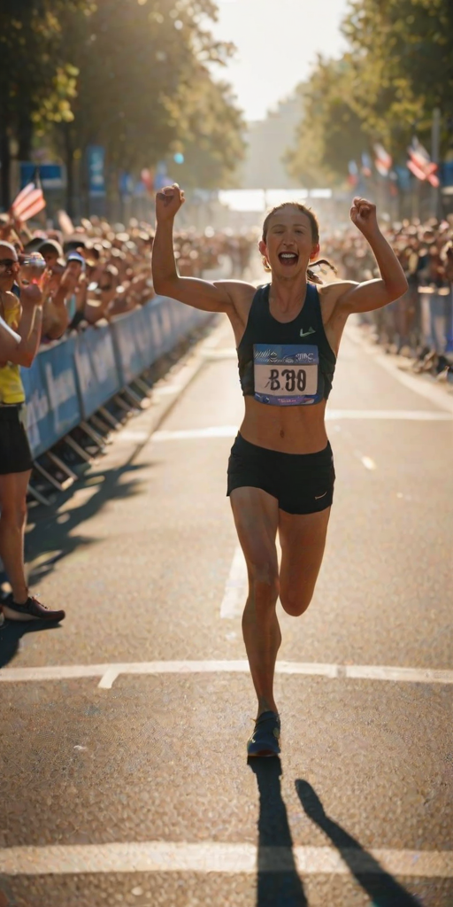 Blurry, fast-paced image of a marathon runner crossing the finish line, sweat glistening on their face, arms raised in triumph, the crowd in the background cheering, soft sunlight casting long shadows on the ground, a blur of other runners behind.