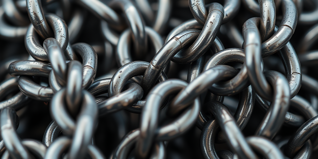 create a hyper-realistic image of metallic chains intertwined, using a Canon EOS R5 camera, 50mm lens, f/2.8 aperture, ISO 100, with a shallow depth of field, soft lighting to emphasize textures, and a slightly high angle view for depth.