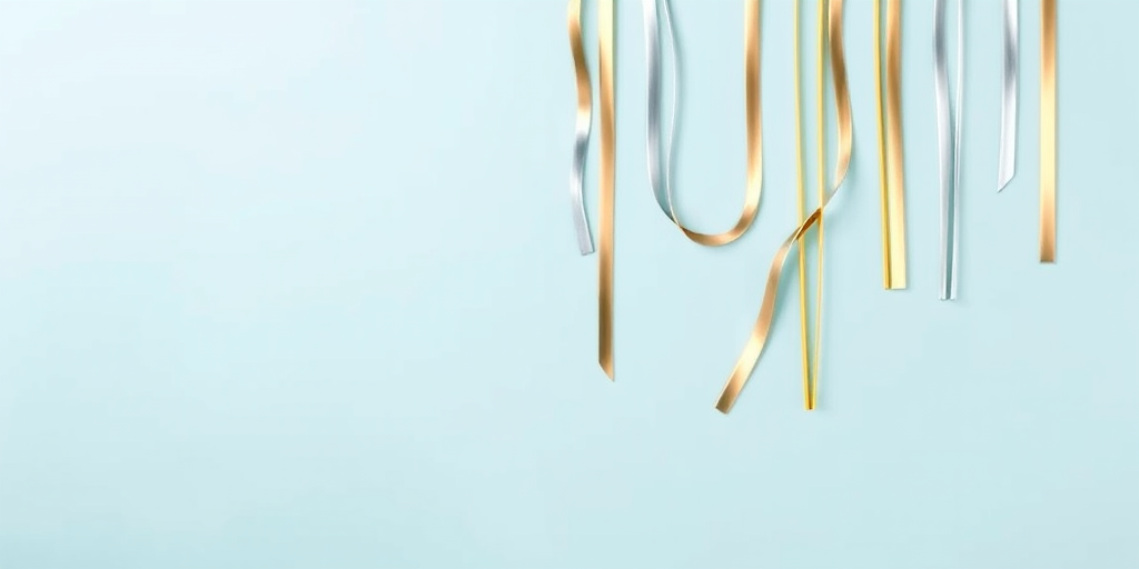 Create an abstract design featuring vertical gold and silver wavy lines on a light blue background, captured with a DSLR camera at f/5.6 aperture, ISO 100, 1/60 sec shutter speed, in a flat lay view using natural light for enhanced detail and clarity.