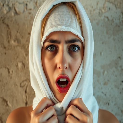 Create a close-up photographic image of a Assyrian woman with light skin tones shown against an old, worn wall. Their head is wrapped in a white cloth covering (i.e.... parts of the head except the nose and mouth, which are open as if they are screaming...), with a slight texture and visible folds in the fabric. Thin strands of blonde hair escape from the wrapping above, falling lightly at the top and sides. Their hands hold the fabric as if they are tugging nervously. The lighting is dramatic and even, casting strong shadows. The image has a minimalist and surreal style with an emphasis on simplicity with soft color tones. The composition is centered.