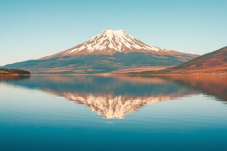 regenerate a landscape image of a snow-capped mountain reflecting on calm water during a clear blue sky, camera settings: aperture f/8, shutter speed 1/200 sec, ISO 100, camera view: wide-angle, camera style: vivid colors, camera type: DSLR