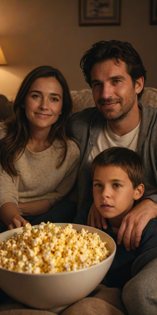 Warmly lit image of a family huddled together under blankets watching a movie, soft glow from the TV casting warm shadows on their faces, a bowl of popcorn in the center, and the feeling of comfort and connection.