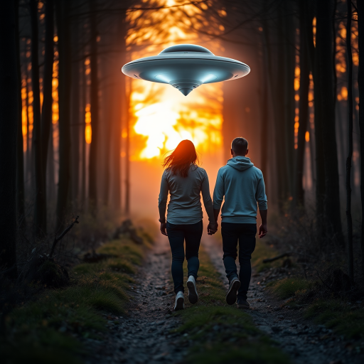 Create a scenic image of two individuals walking on a forest path during sunset with a UFO hovering above, captured in a DSLR camera with a 24mm lens, aperture f/8, ISO 100, shot at golden hour for enhanced lighting and soft focus background.
