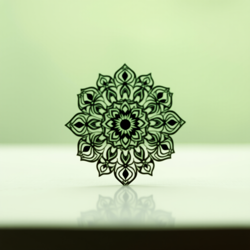 Create an intricate mandala design on a textured soft green background with a subtle reflection effect, using a Canon EOS R5, 50mm f/1.2 lens, f/8 aperture, ISO 100, and a shallow depth of field for a smooth bokeh effect.